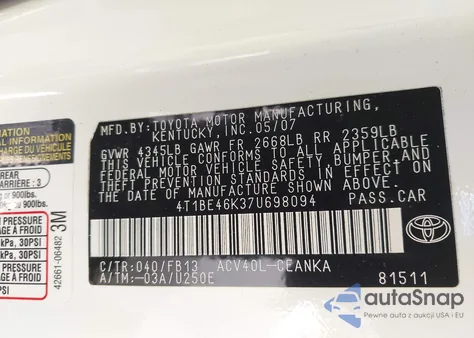 2007 Toyota Camry Le from USA, damaged, VIN 4T1BE46K37U698094